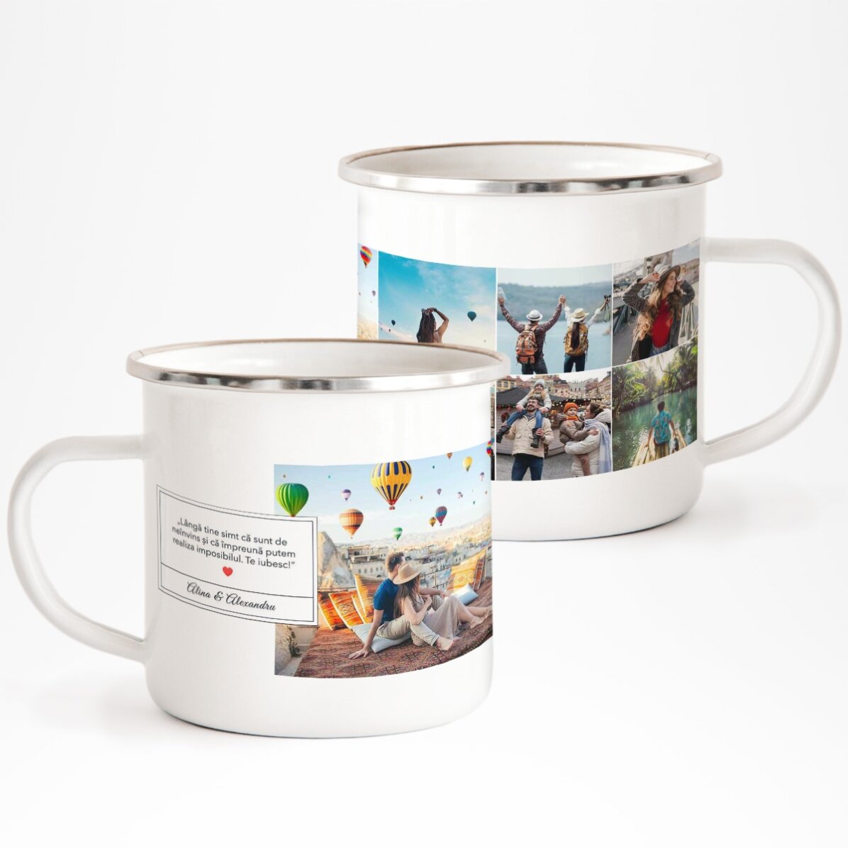Cană metalică emailată cu 6 poze și mesaj