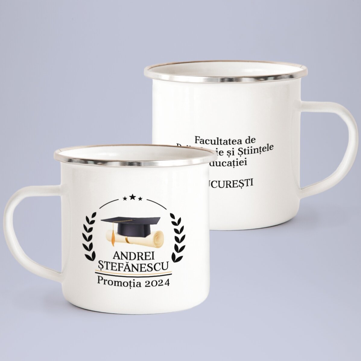 Cană metalică emailată personalizată cu mesaj - Absolvire