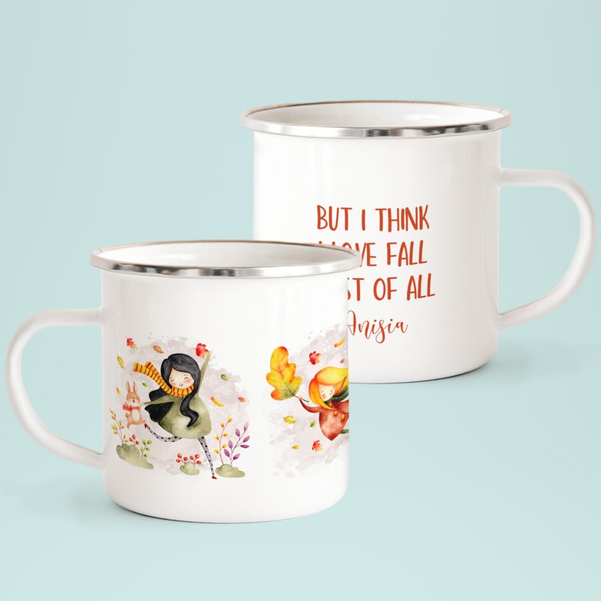 Cană metalică emailată cu mesaj - I love fall most of all