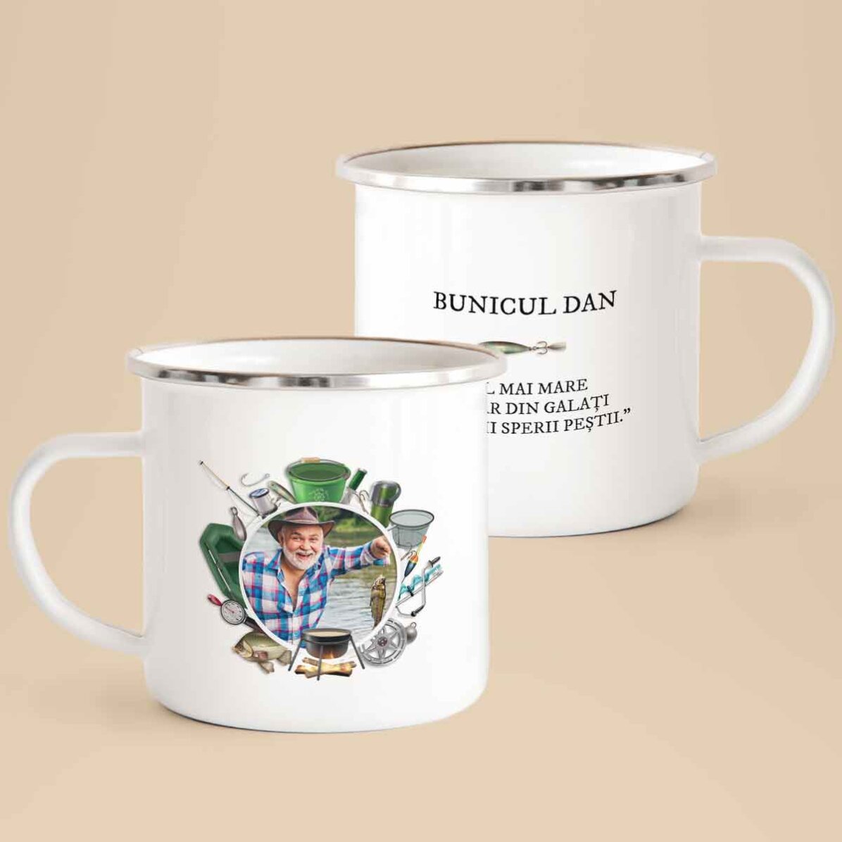 Cană metalică emailată cu o poză și mesaj pentru pescari