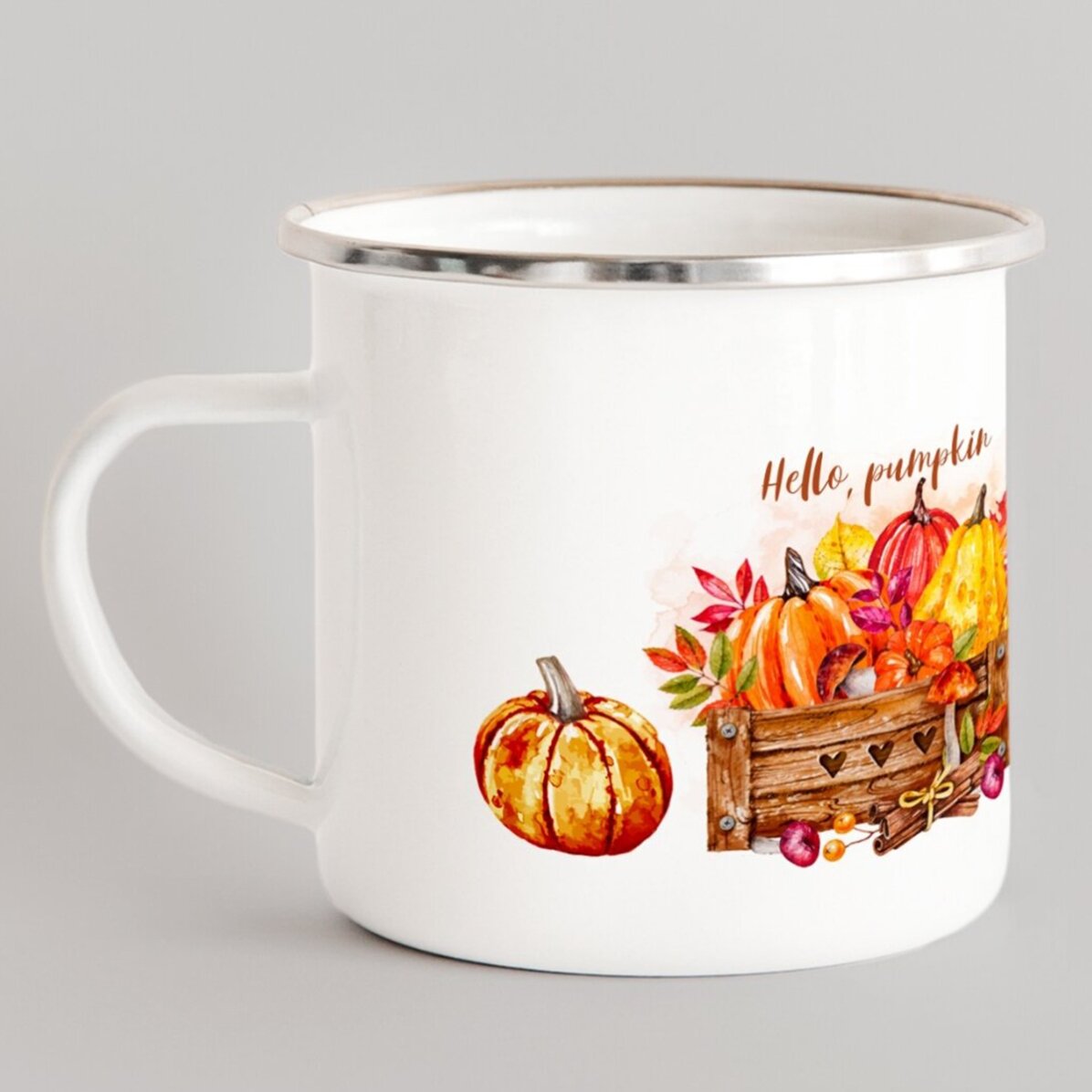 Cană metalică emailată cu text - Hello, pumpkin