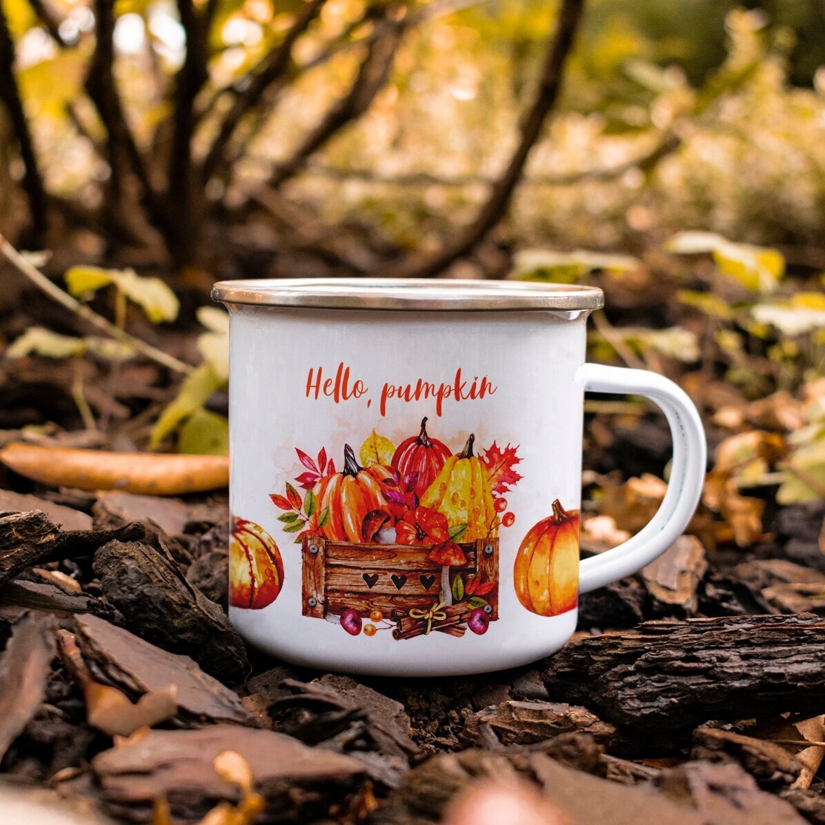 Cană metalică emailată cu text - Hello, pumpkin