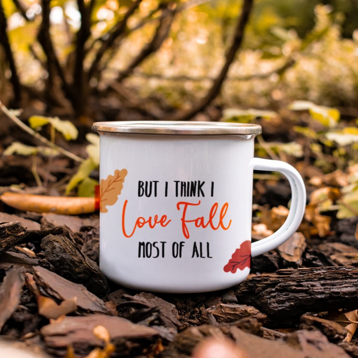 Cană metalică emailată cu text - I love fall