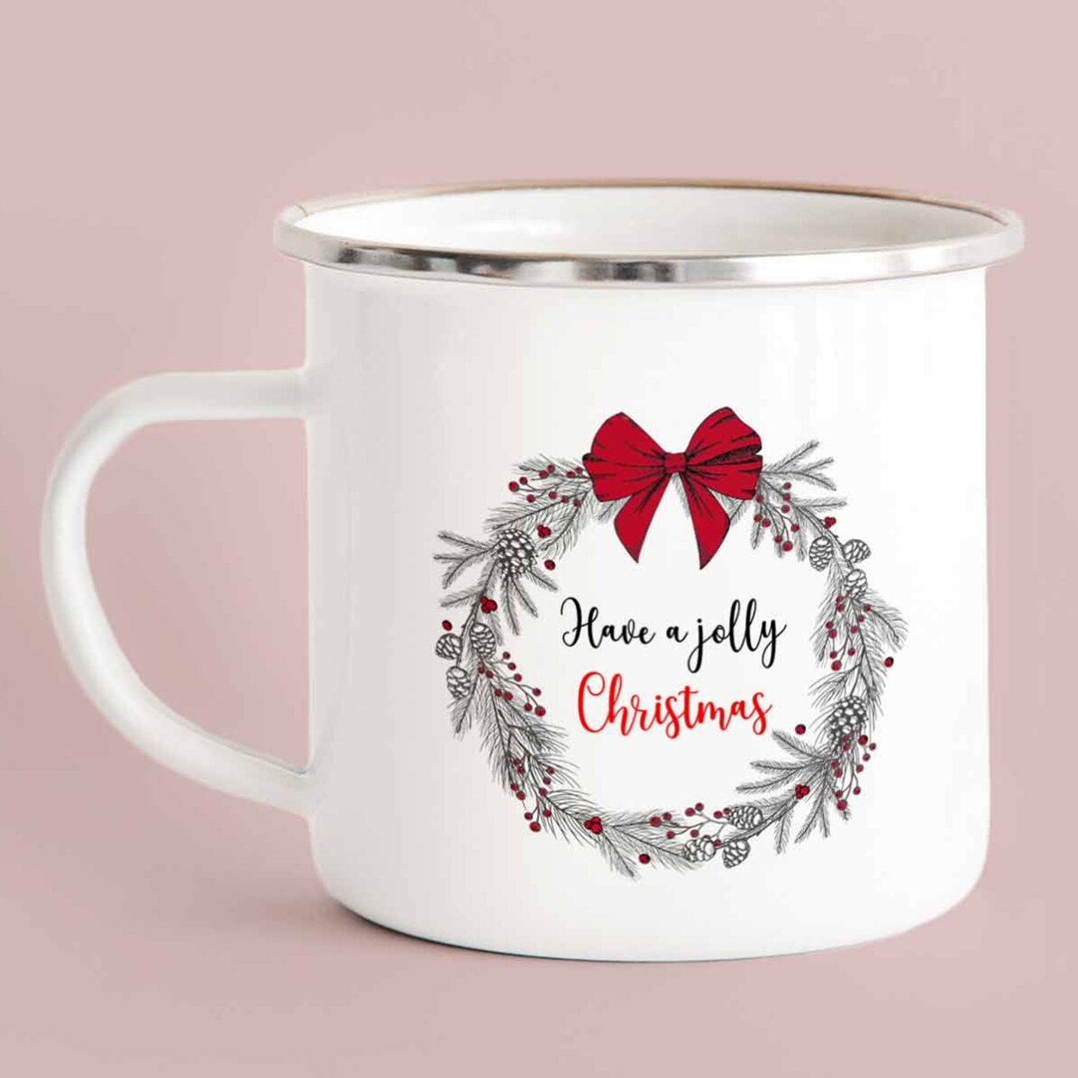 Cană metalică emailată cu text - Jolly Christmas