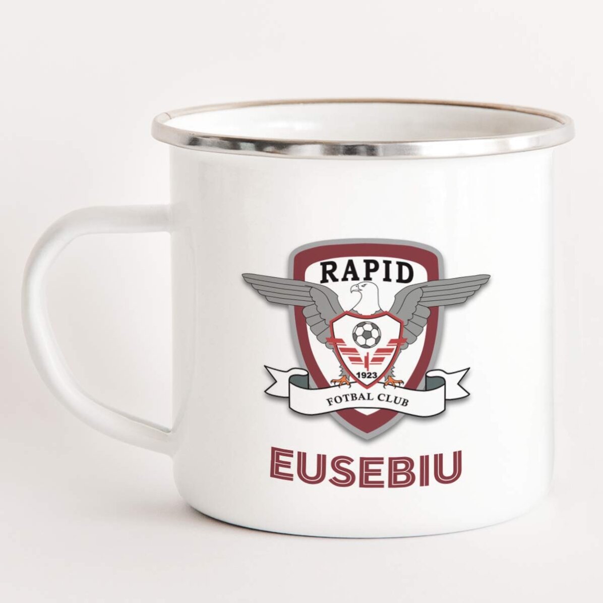 Cană metalică emailată FC Rapid personalizată cu text
