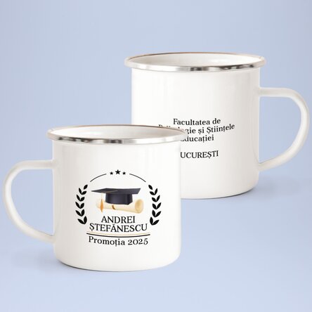 Cană metalică emailată personalizată cu mesaj - Absolvire