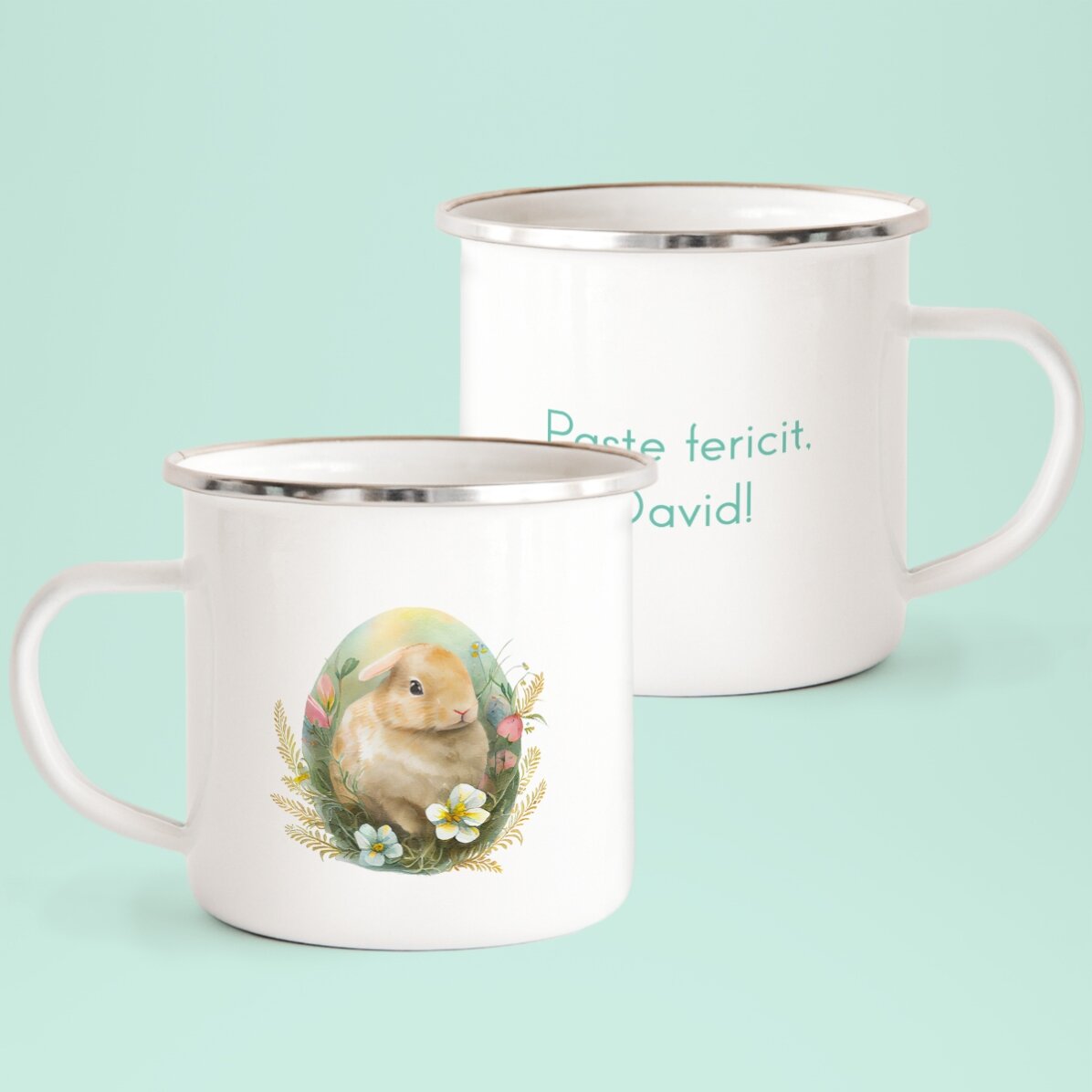 Cană metalică emailată personalizată cu mesaj - Paște Fericit!