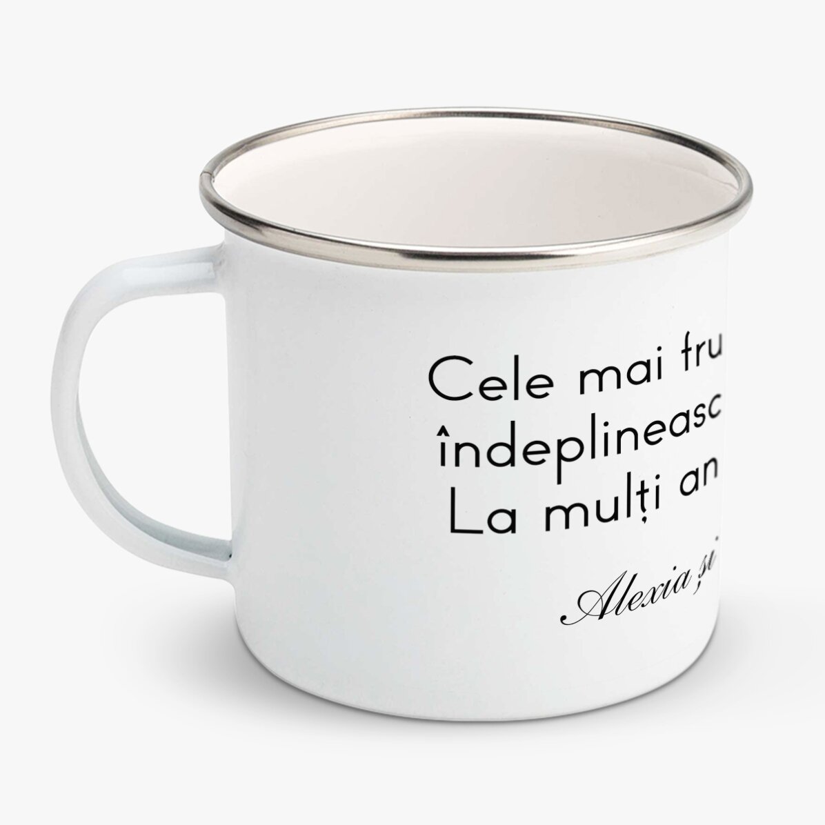 Personalised enamel mug with a message