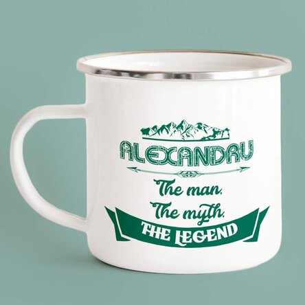 Cană metalică emailată personalizată cu nume - The Legend
