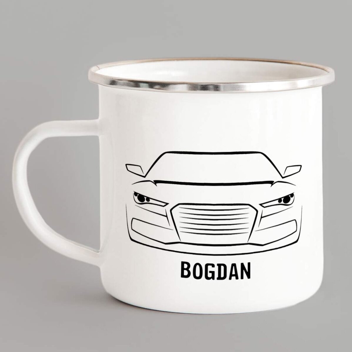 Personalised enamel metal mug for car enthusiasts