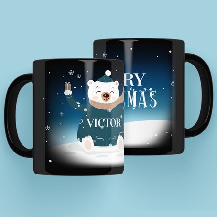 Cană neagră personalizată cu numele tău și text - Happy Bear