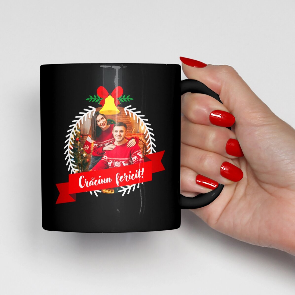 Cană neagră personalizată cu poză și text - Merry Christmas
