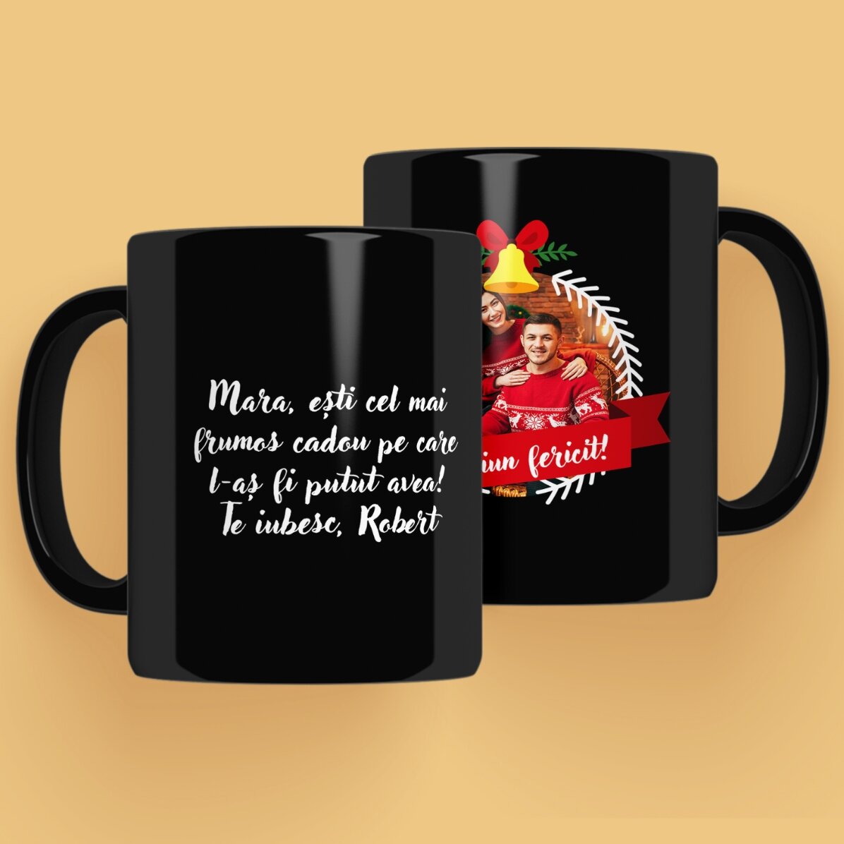 Cană neagră personalizată cu poză și text - Merry Christmas