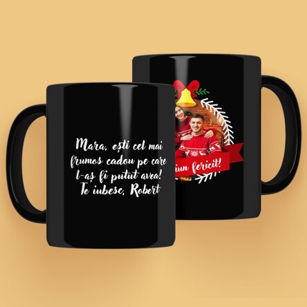 Cană neagră personalizată cu poză și text - Merry Christmas