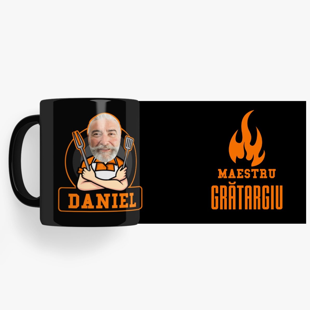 Cană neagră personalizată cu text pentru pasionații de grătar