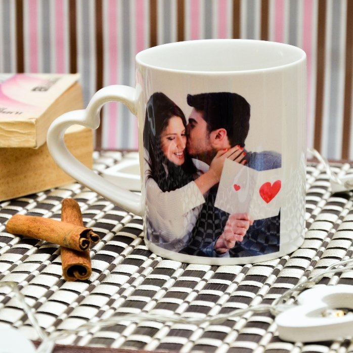Personalised mug with 2 photos - heart-shaped handle model