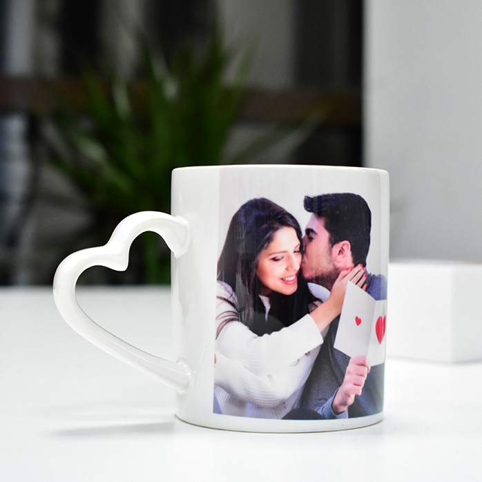 Personalised mug with 2 photos - heart-shaped handle model