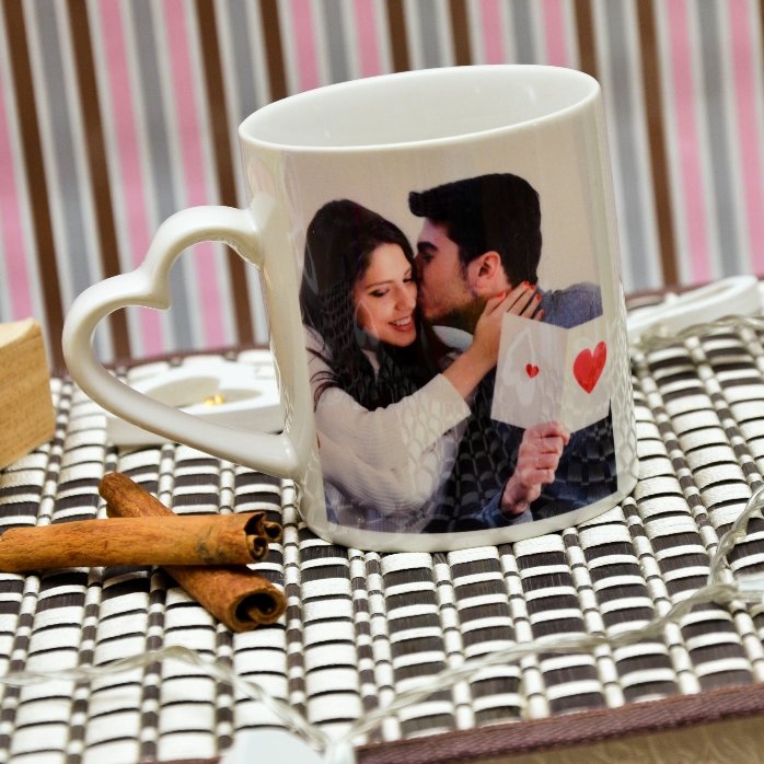 Personalised mug with 2 photos - heart-shaped handle model