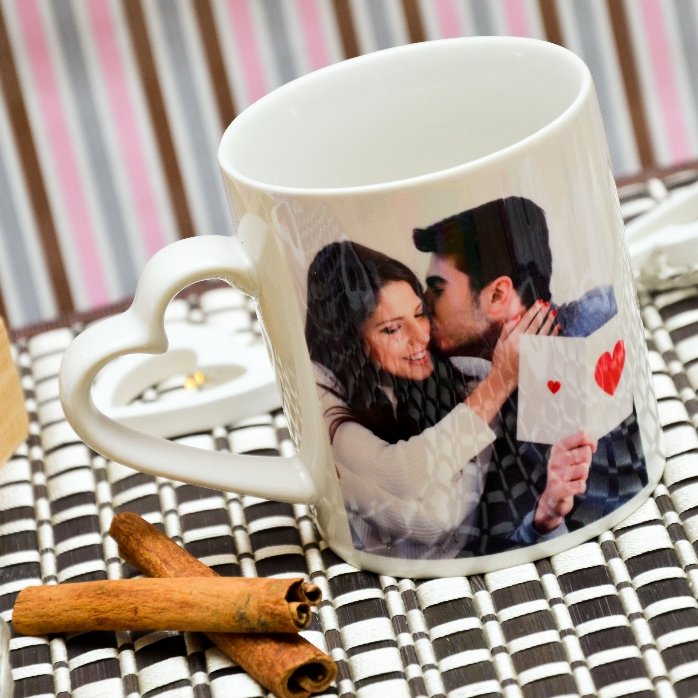 Personalised mug with 2 photos - heart-shaped handle model
