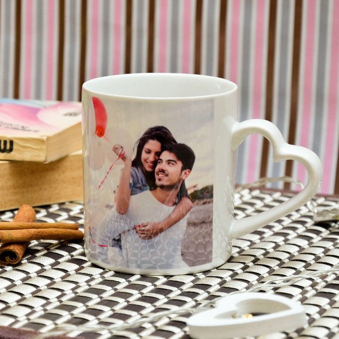 Personalised mug with 2 photos - heart-shaped handle model