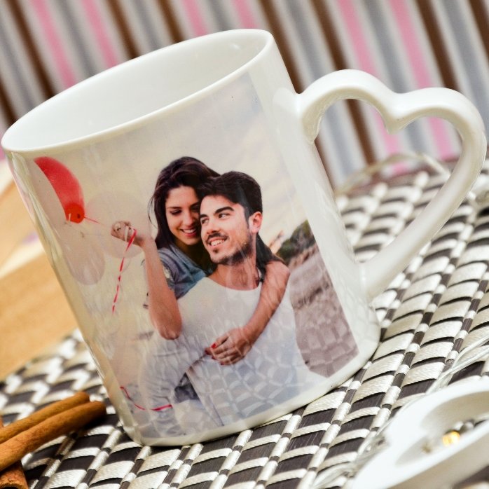 Personalised mug with 2 photos - heart-shaped handle model