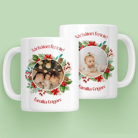 Cană personalizată cu 2 poze și mesaj - Sărbători Fericite!