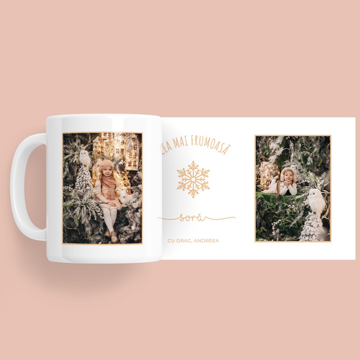 Cană personalizată cu 2 poze și text - Snowflake