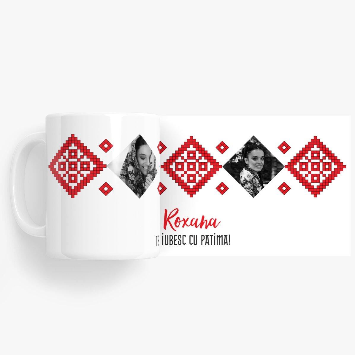 Cană personalizată cu 2 poze și text - Te iubesc cu patimă!