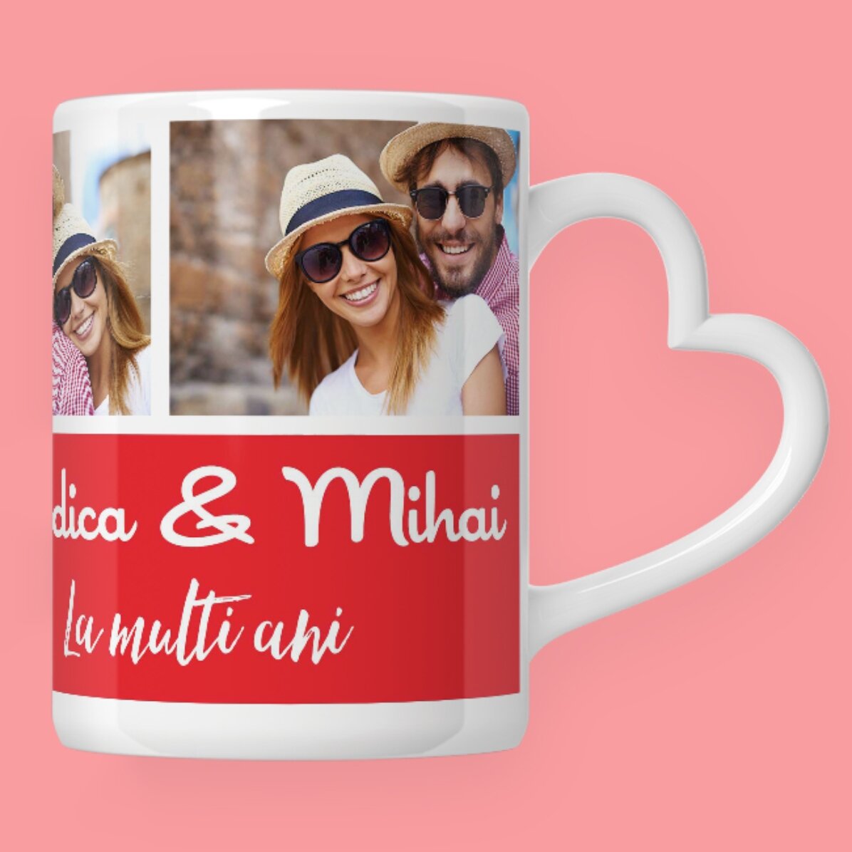 Cană personalizată cu 3 poze și text  - model toartă în formă de inimă 