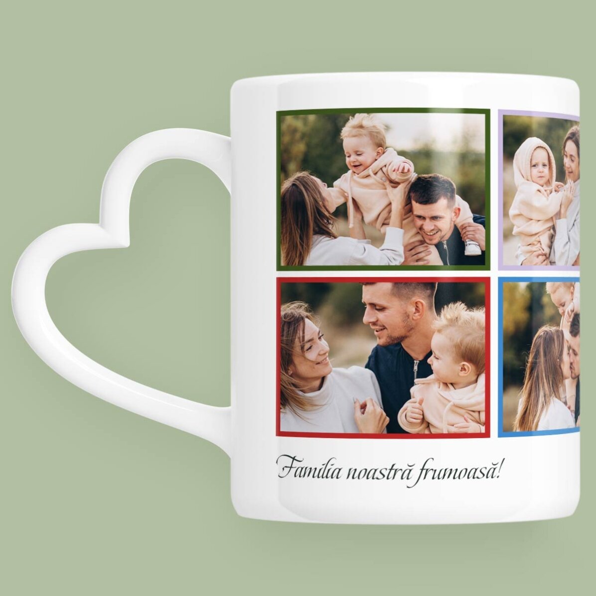 Cană personalizată cu 8 poze și text - model toartă în formă de inimă 