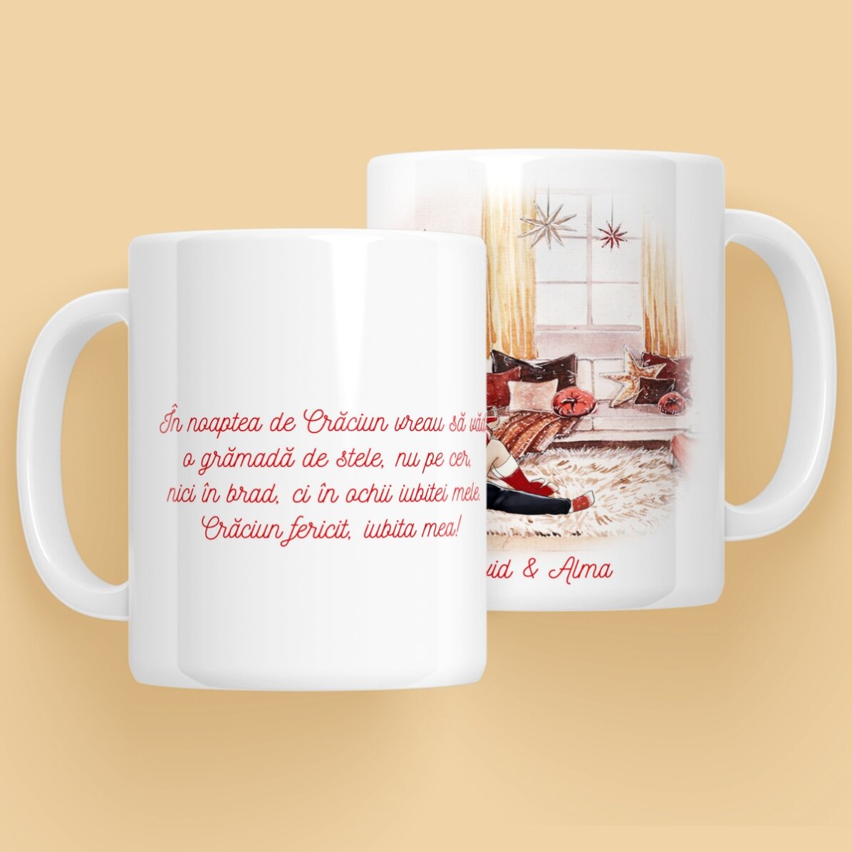 Cană personalizată cu nume și mesaj pentru cuplu - Crăciunul nostru minunat
