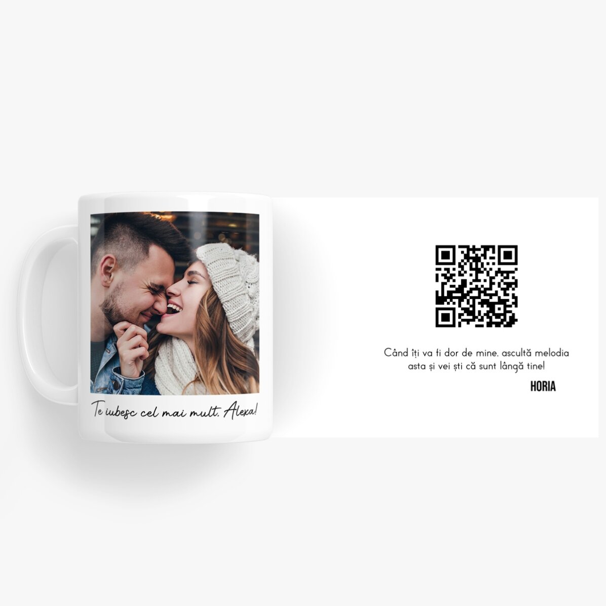 Cană personalizată cu o poză, mesaj și cod QR 