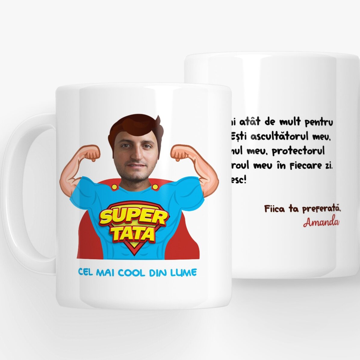 Cană personalizată cu o poză și mesaj - Tata, eroul meu