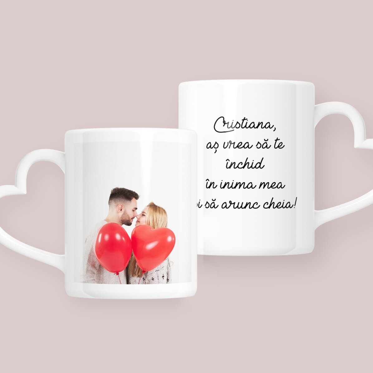 Personalised mug with a photo and text – heart-shaped handle design