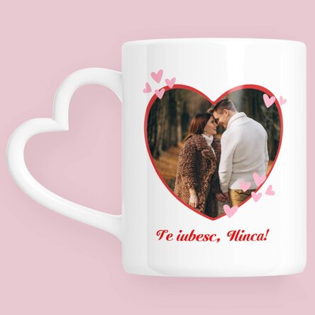Cană personalizată cu o poză și text - You&Me - model toartă în formă de inimă