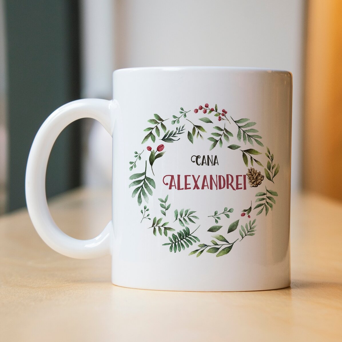 Cană personalizată cu pasăre pentru ea - model de Crăciun