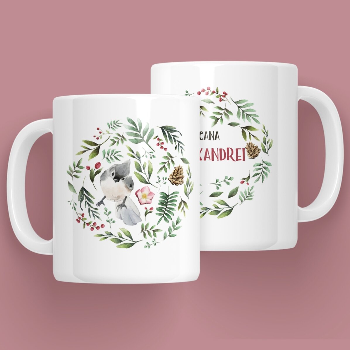 Cană personalizată cu pasăre pentru ea - model de Crăciun