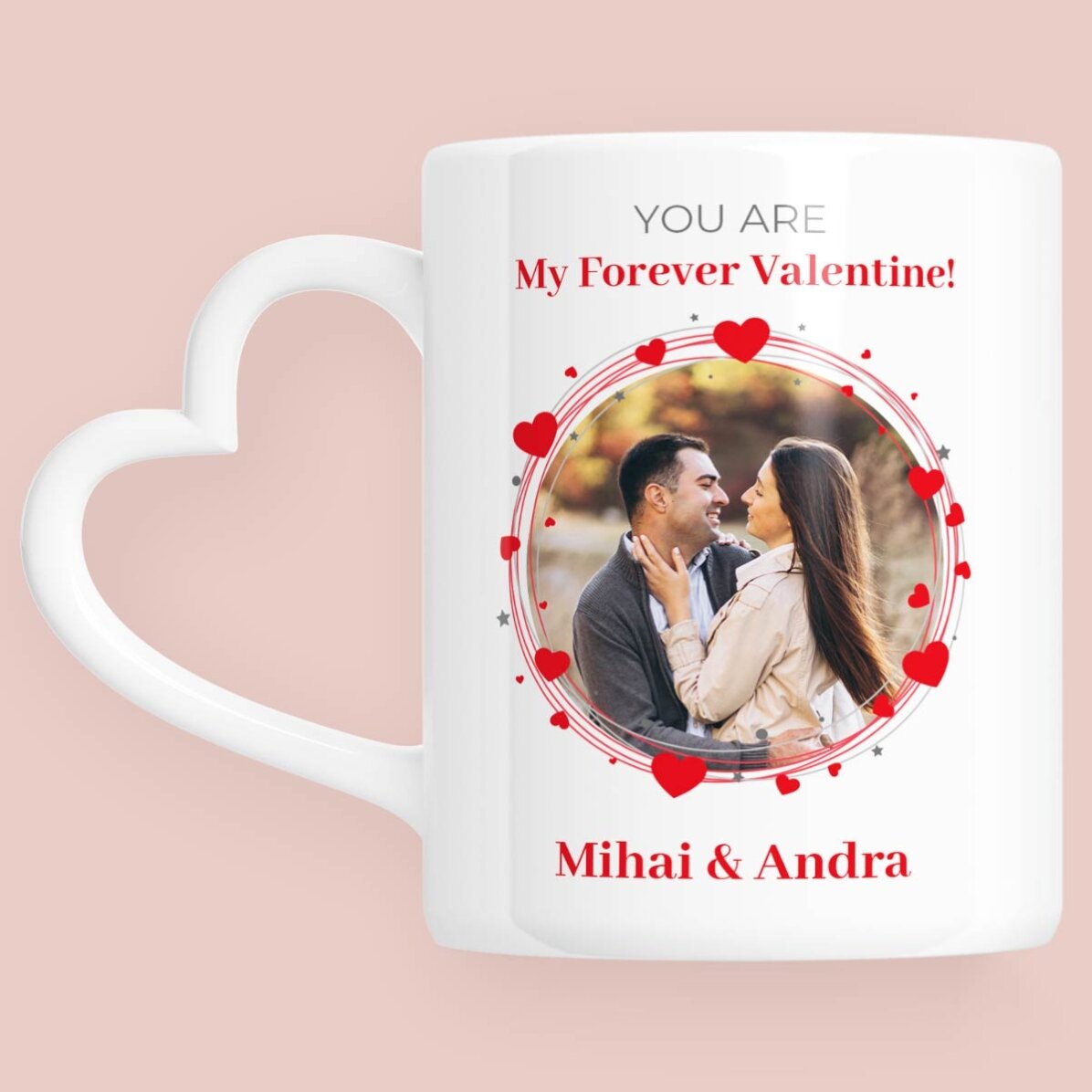 Cană personalizată cu poză și text - Forever - model toartă în formă de inimă 