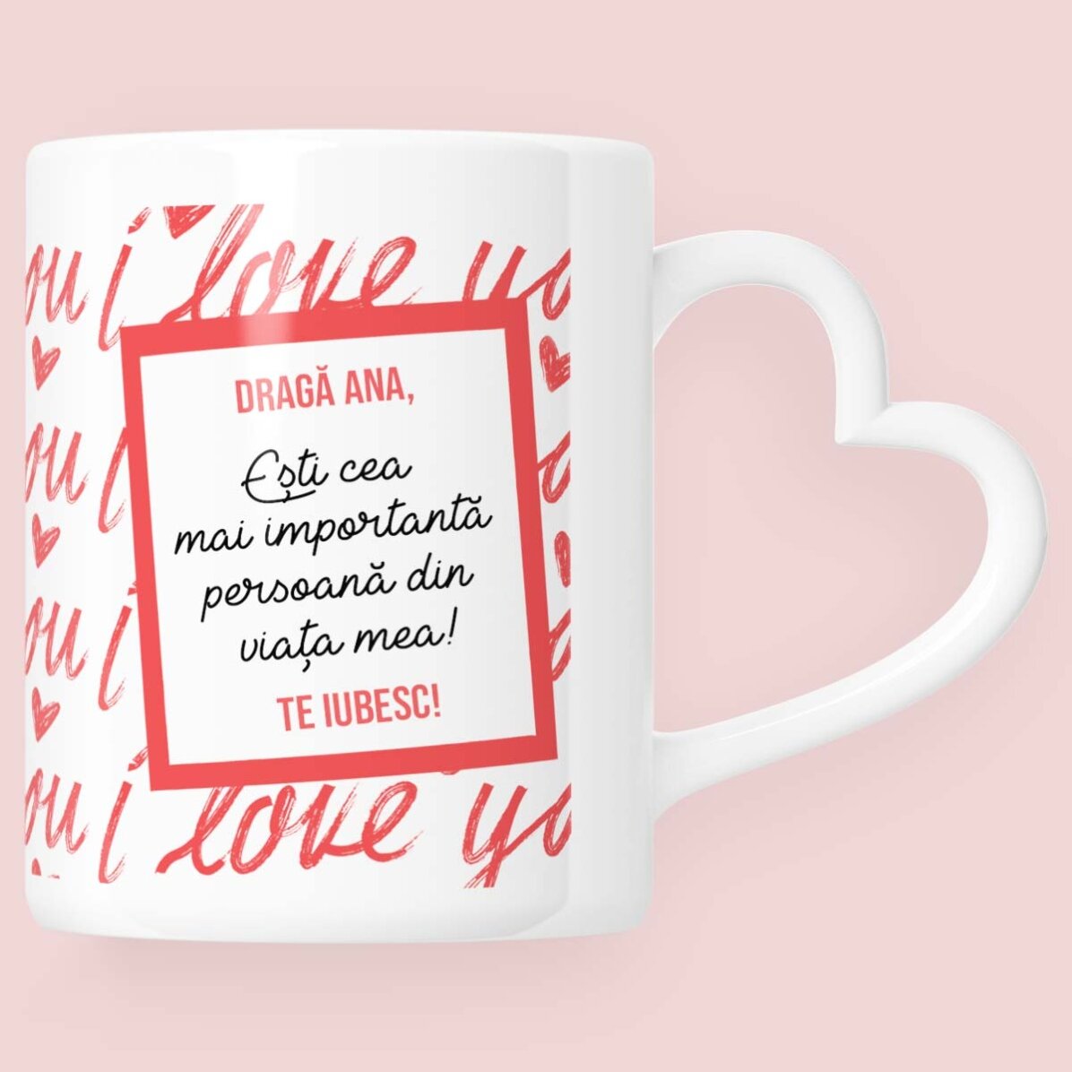 Personalised mug with photo and text - I love you! - heart-shaped handle design