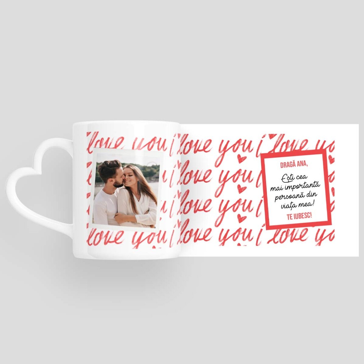 Personalised mug with photo and text - I love you! - heart-shaped handle design