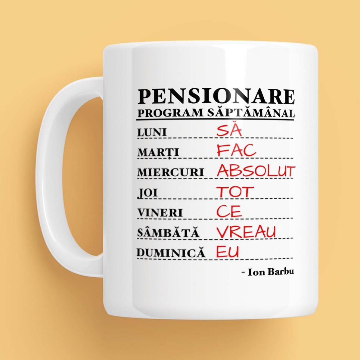 Cană personalizată cu text - Program săptămânal