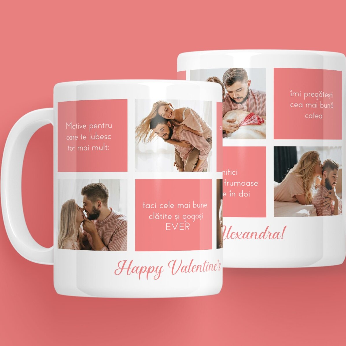 Cană personalizată cu text și 5 poze - Motive pentru care te iubesc