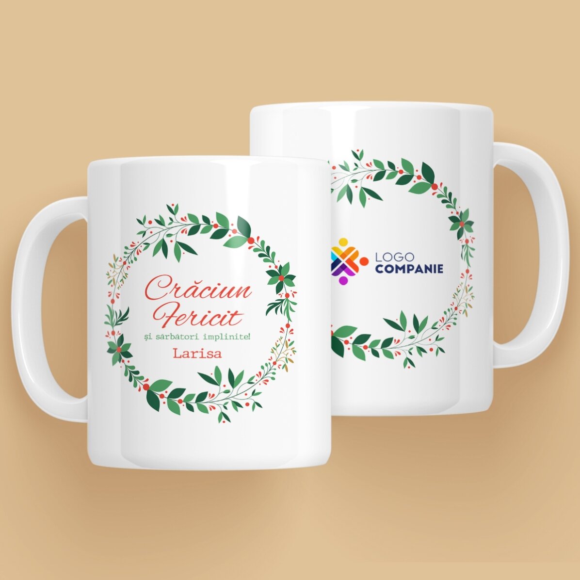 Cană personalizată cu text și logo - Coronițe de Crăciun