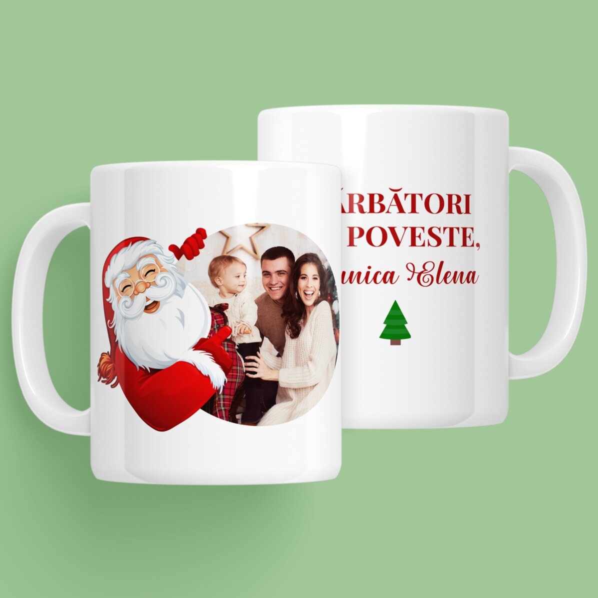 Cană personalizată cu text și o poză cu Moș Crăciun
