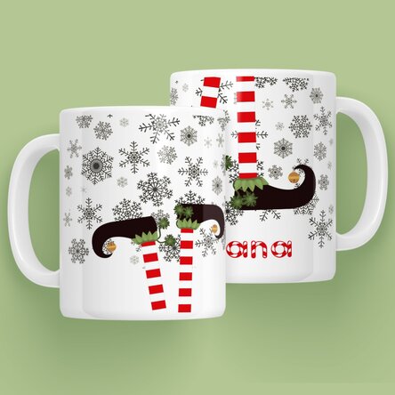 Cană personalizată Elf cu text - model de Crăciun