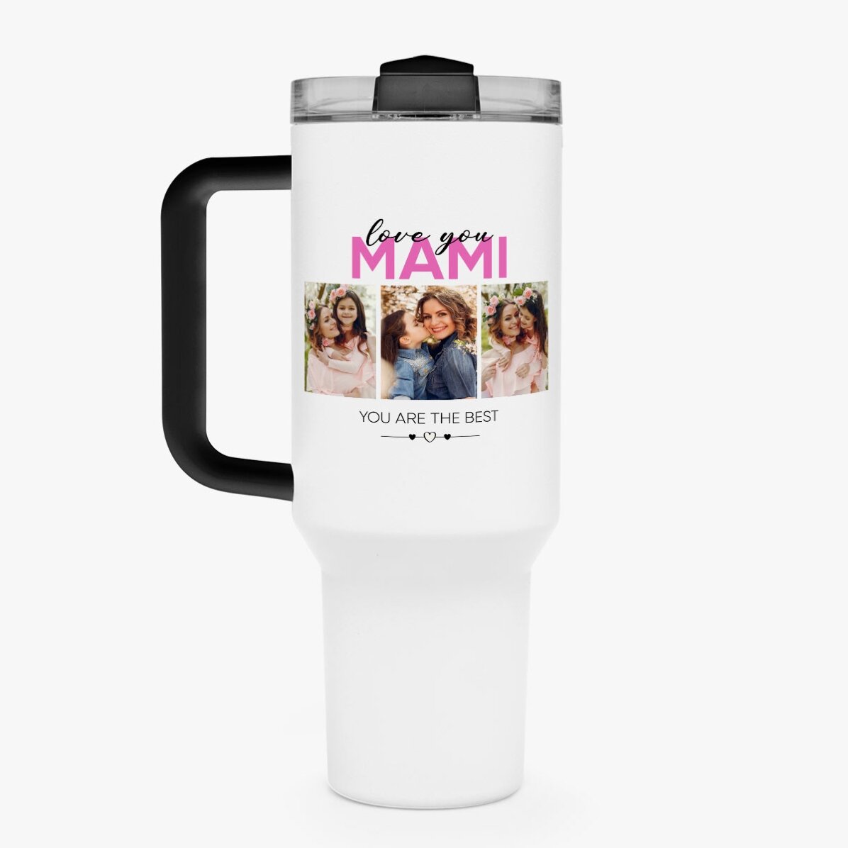 Cană termos cu mâner și pai personalizată cu 6 poze și text - With love