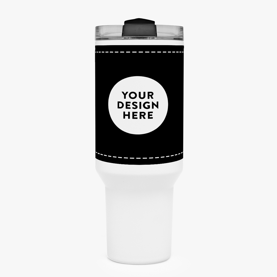 Cană termos cu mâner și pai personalizată cu grafica ta