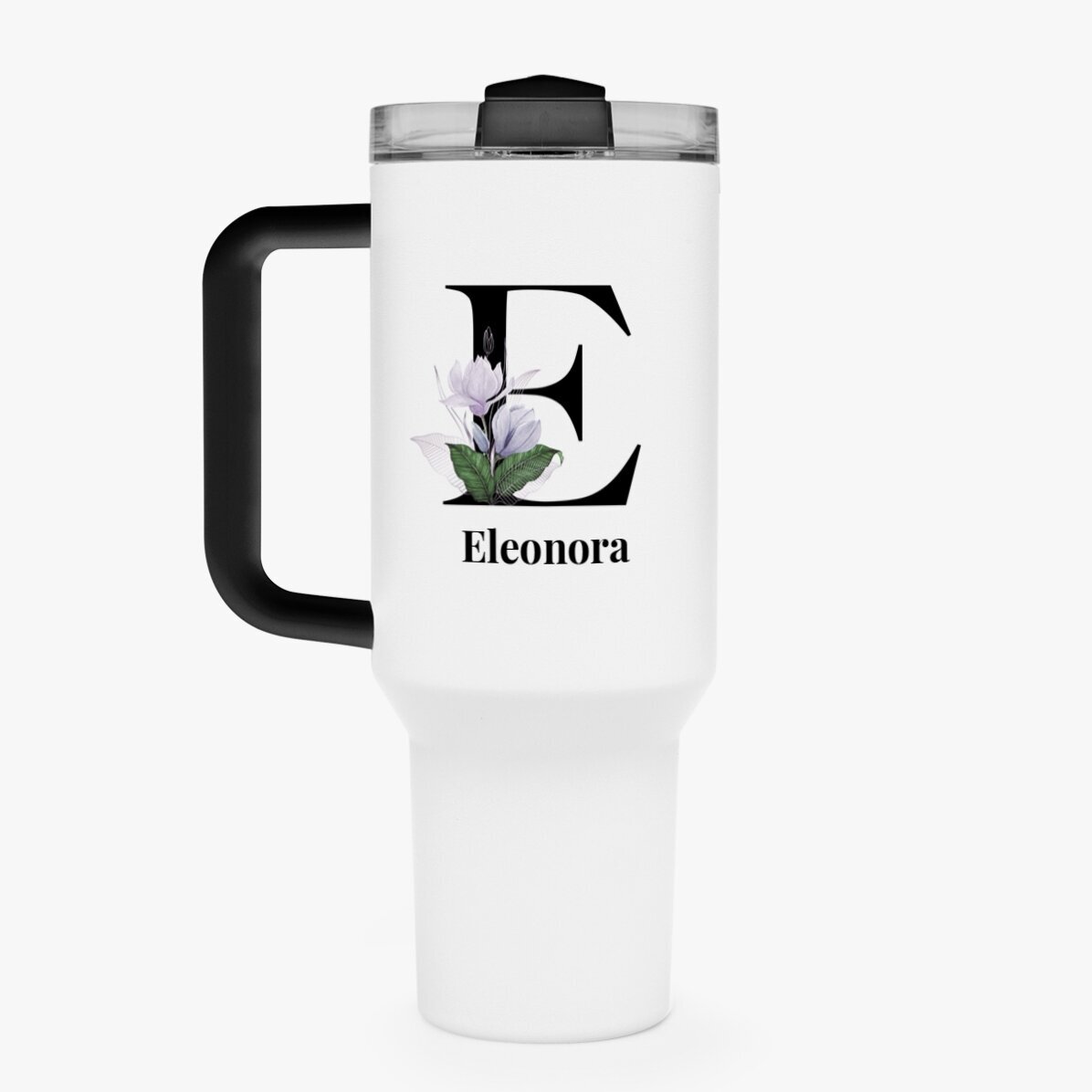 Cană termos cu mâner și pai personalizată cu inițială și nume