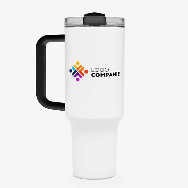 Thermos mug with handle and straw, personalised with logo and name