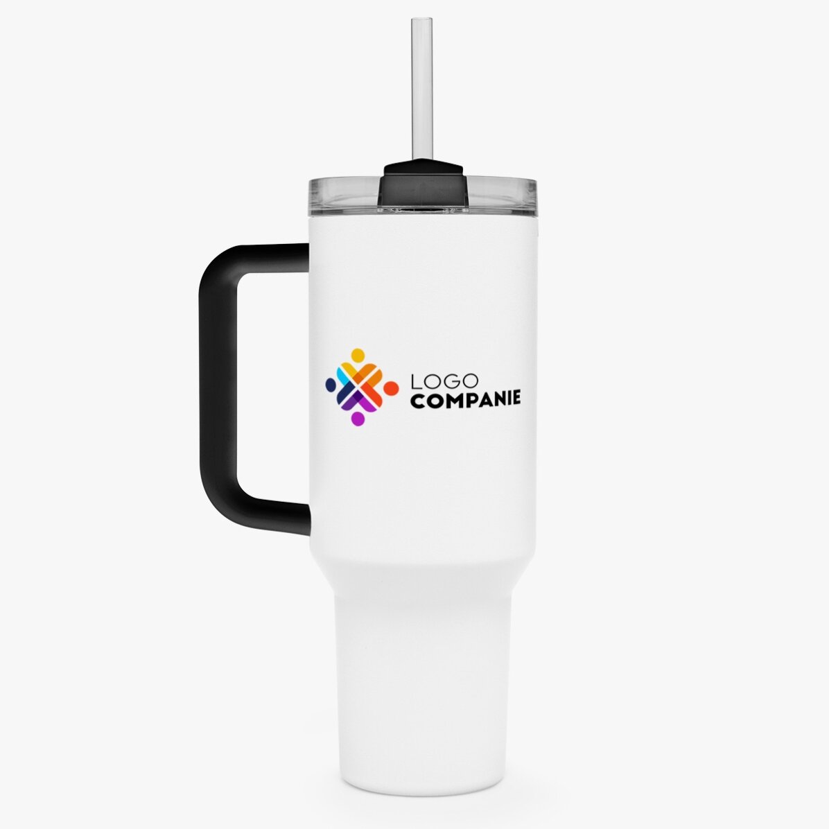 Thermos mug with handle and straw, personalised with logo and name